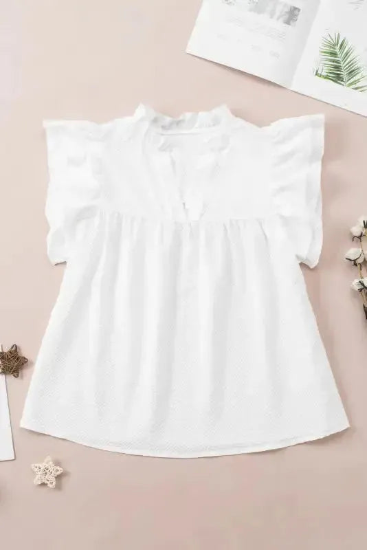White Ruffle Accent Flutter Sleeve Notch Neck Top - Fashionfitz
