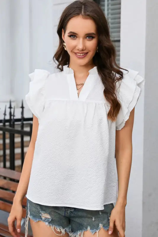 White ruffle accent flutter sleeve notch neck top - tops