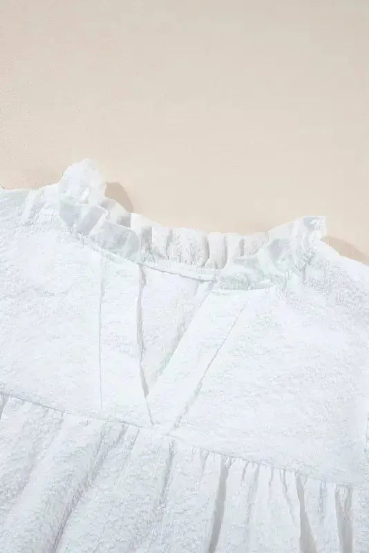 White Ruffle Accent Flutter Sleeve Notch Neck Top - Fashionfitz