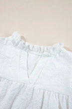 White Ruffle Accent Flutter Sleeve Notch Neck Top - Fashionfitz