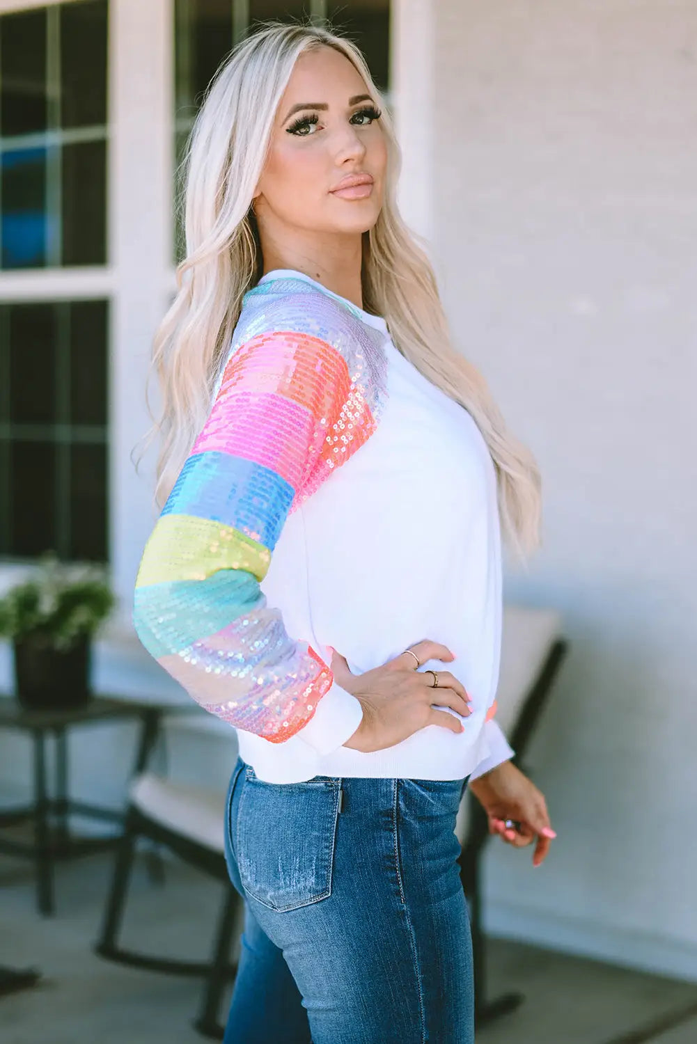 White sequin color block raglan sleeve pullover sweatshirt - tops