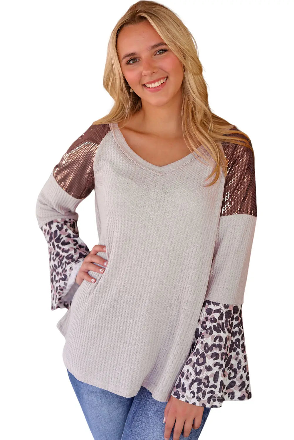 White sequin patchwork bell sleeve v neck tunic top - tops