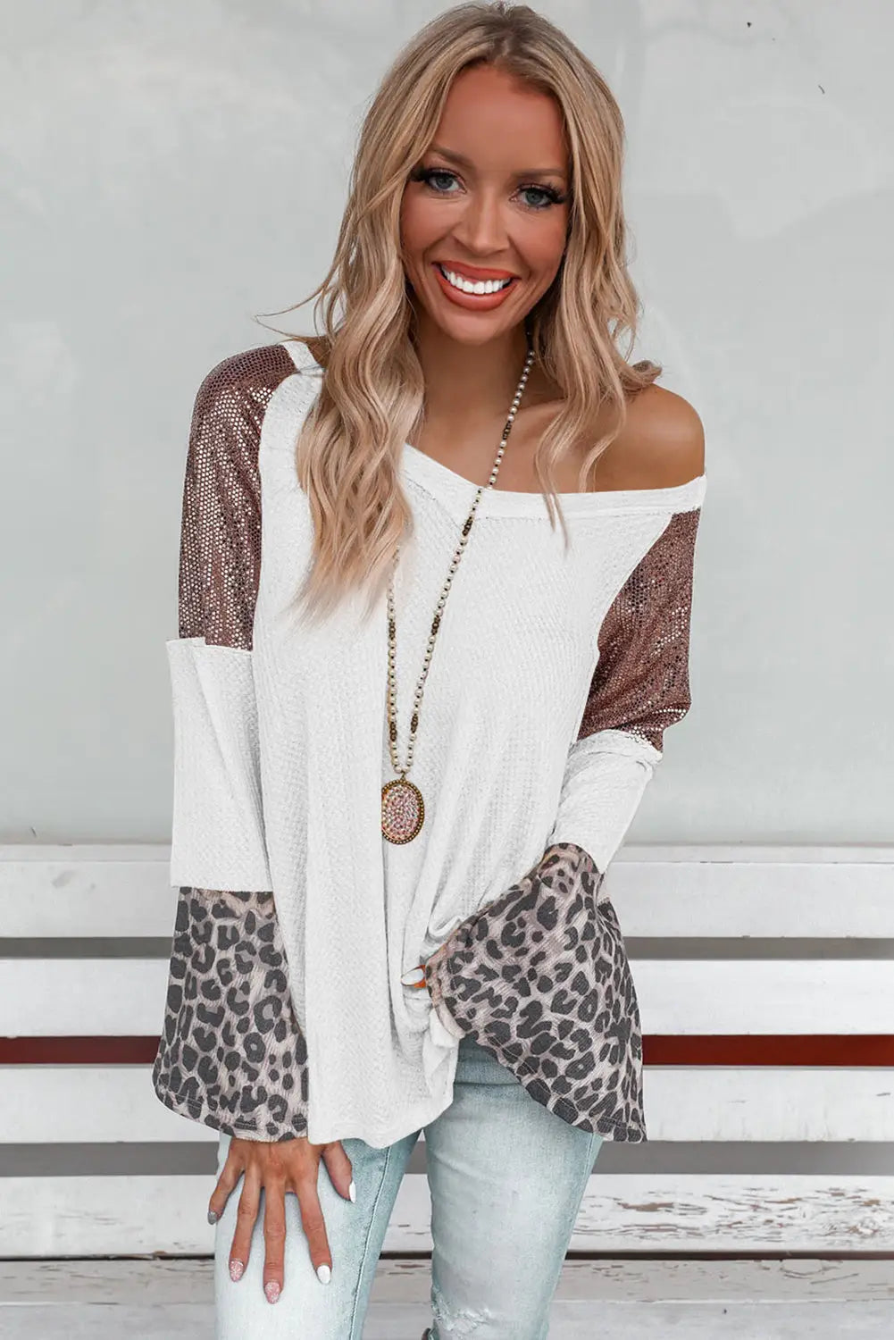 White sequin patchwork bell sleeve v neck tunic top - long tops