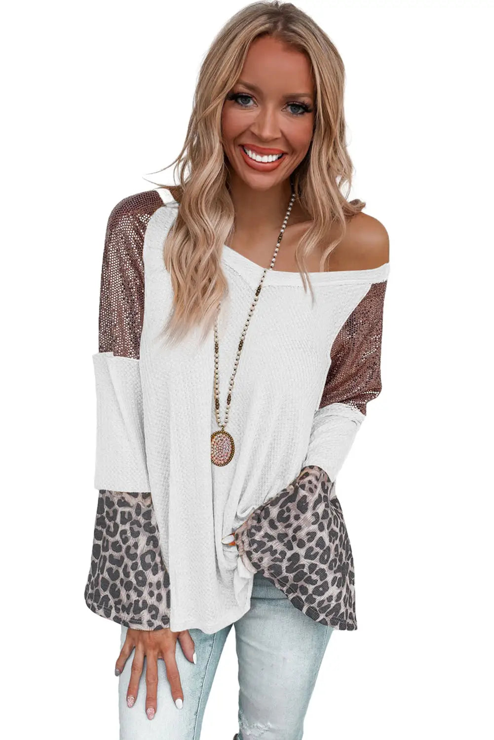 White sequin patchwork bell sleeve v neck tunic top - long tops