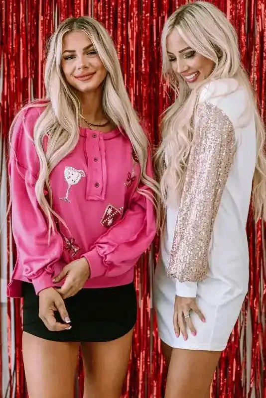 White Sequin Puff Sleeve Dress paired with pink festive top, highlighting its glittery sleeves and mini shift silhouette.