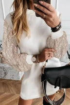 White Sequin Puff Sleeve Shift Mini Dress - Fashionfitz