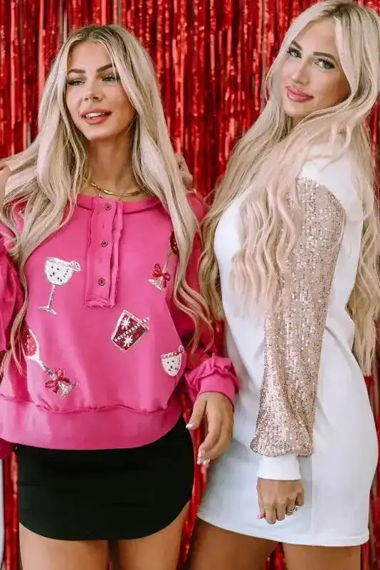 White Sequin Puff Sleeve Dress styled next to a pink holiday top, showcasing its festive and elegant design.