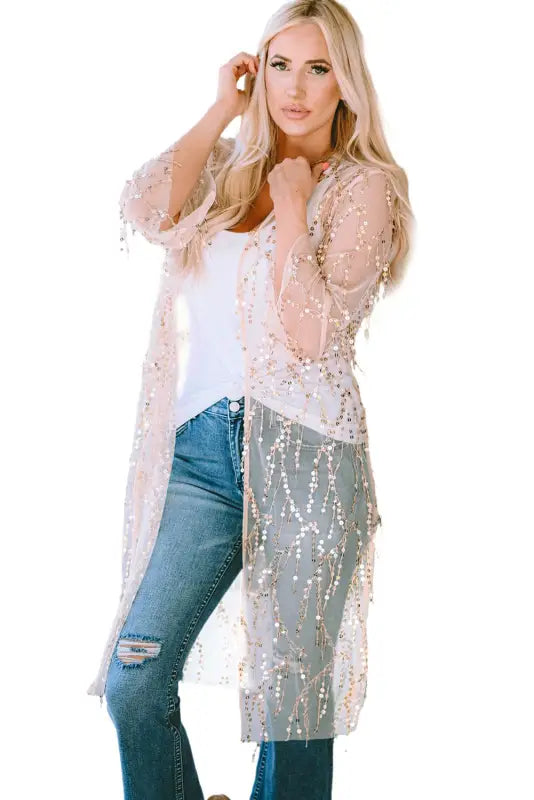 White sequin sheer long sleeve open front kimono - kimonos