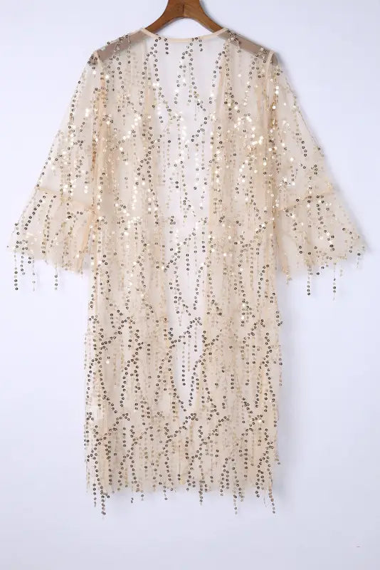 White sequin sheer long sleeve open front kimono - kimonos