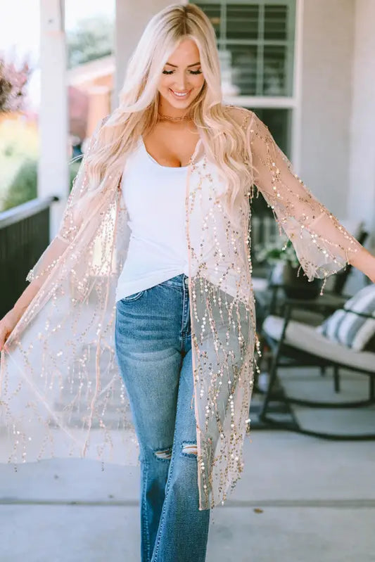 White sequin sheer long sleeve open front kimono - s / 100% polyester - kimonos