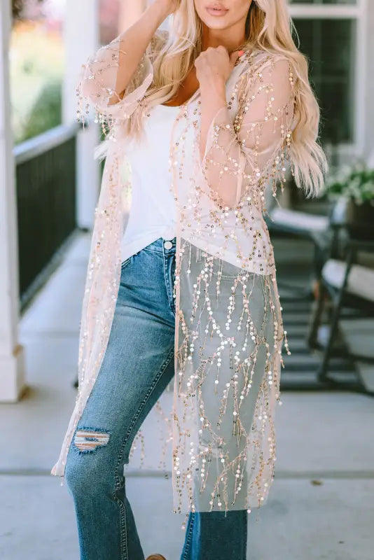 White sequin sheer long sleeve open front kimono - kimonos