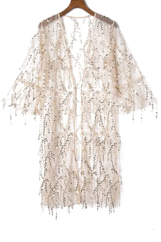 White sequin sheer long sleeve open front kimono - kimonos