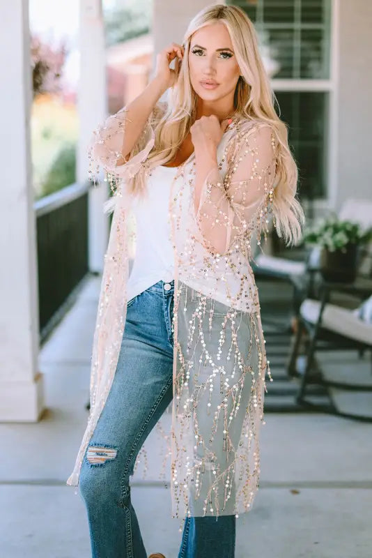 White sequin sheer long sleeve open front kimono - kimonos