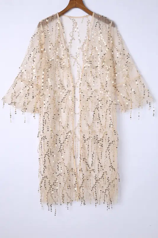 White sequin sheer long sleeve open front kimono - kimonos