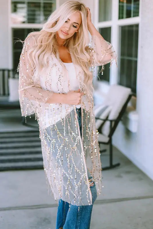 White sequin sheer long sleeve open front kimono - kimonos