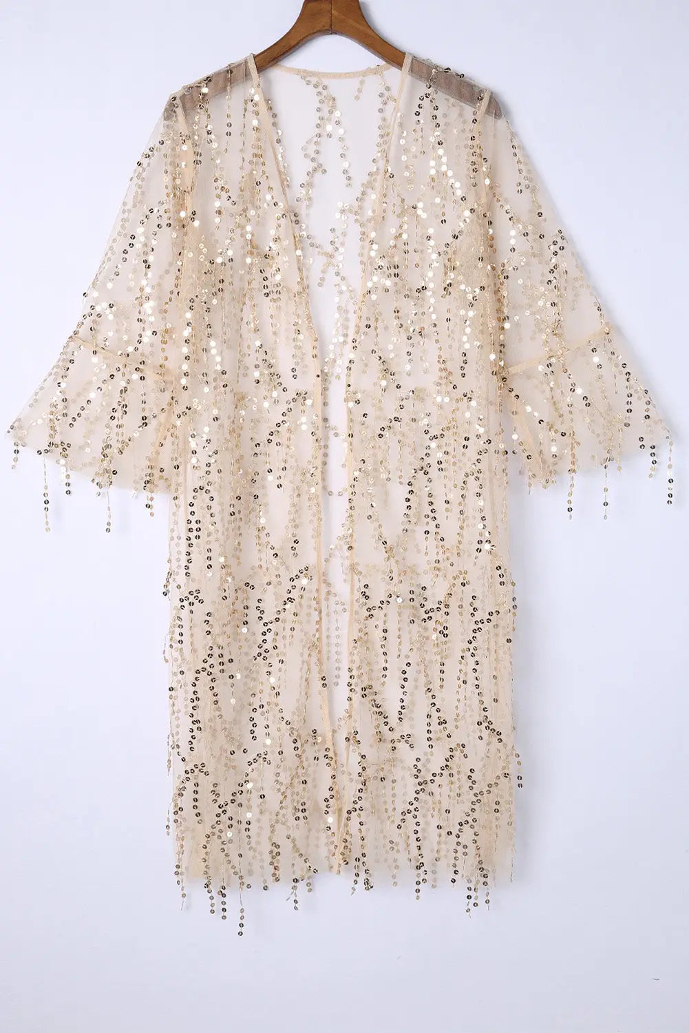 White sequin sheer long sleeve open front kimono - kimonos