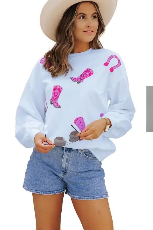 White sequin western cowgirl boots graphic sweatshirt - tops