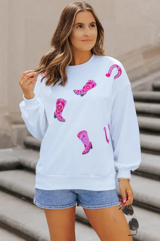 White sequin western cowgirl boots graphic sweatshirt - tops