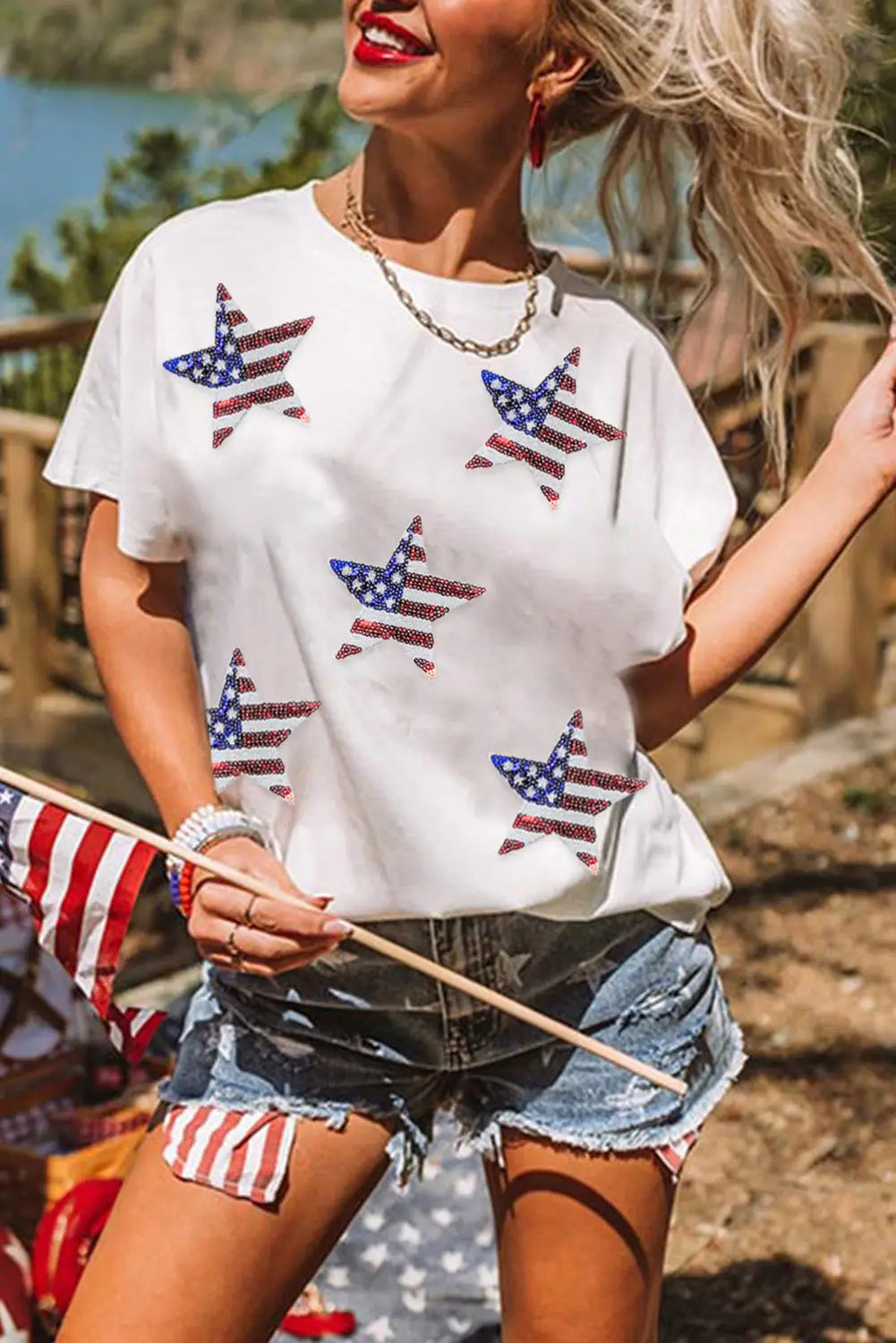 White sequined american flag star graphic t shirt - s / 62% polyester + 32% cotton + 6% elastane - tees