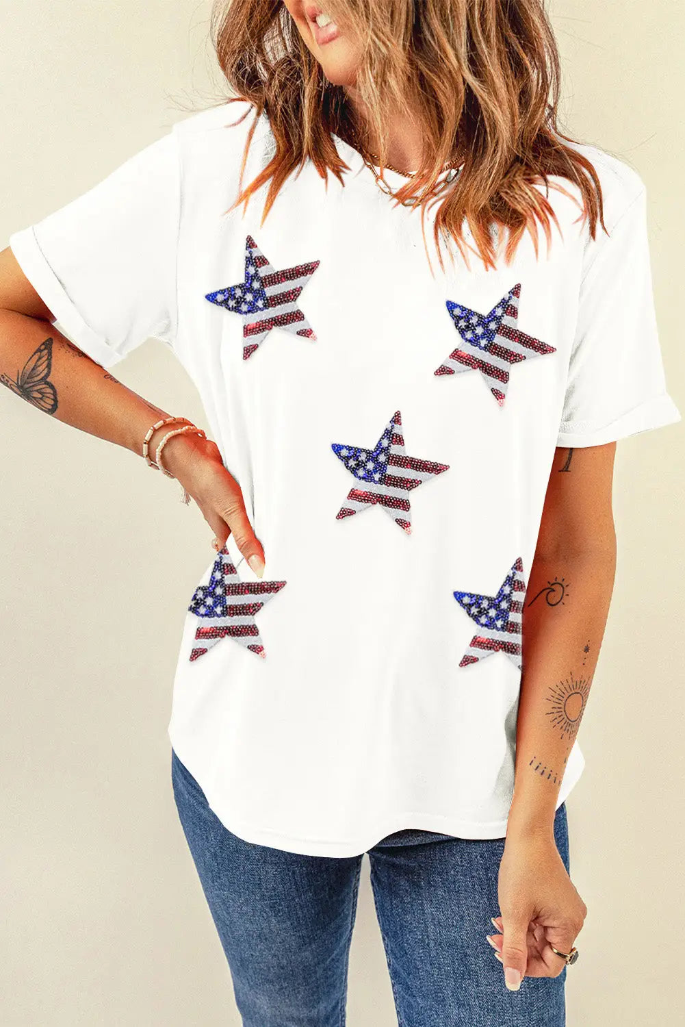 White sequined american flag star graphic t shirt - tees