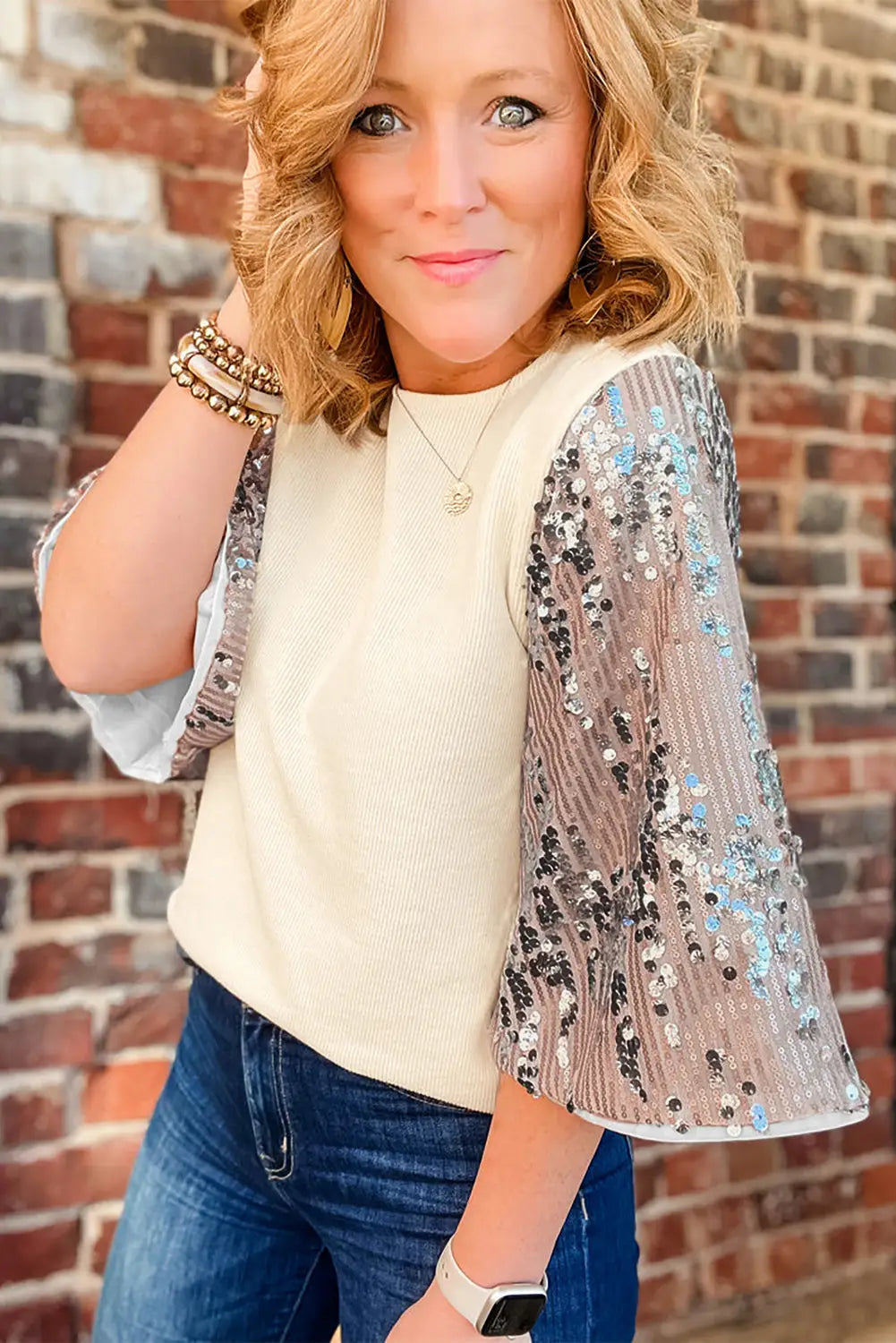 White sequined bell sleeve round neck blouse - tops