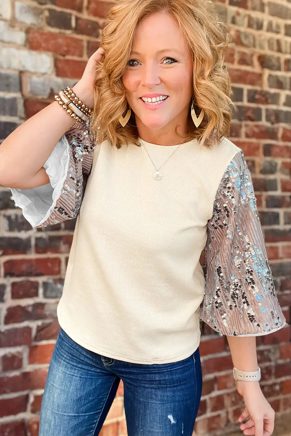 White sequined bell sleeve round neck blouse - tops