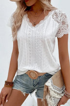 White Sheer Lace Short Sleeves Eyelet Embroidered Tee - Fashionfitz