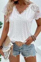 White Sheer Lace Short Sleeves Eyelet Embroidered Tee - Fashionfitz