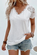 White Sheer Lace Short Sleeves Eyelet Embroidered Tee - Fashionfitz