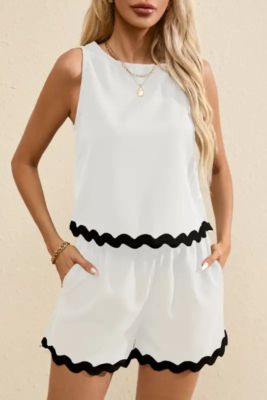 White shorts set - ricrac trim tank top elastic waist - two piece short sets