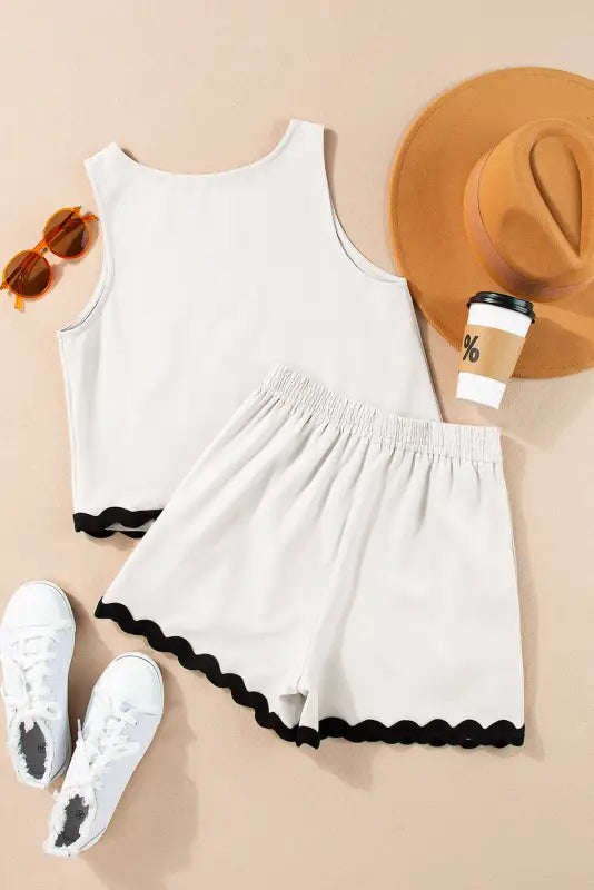 White shorts set - ricrac trim tank top elastic waist - two piece short sets