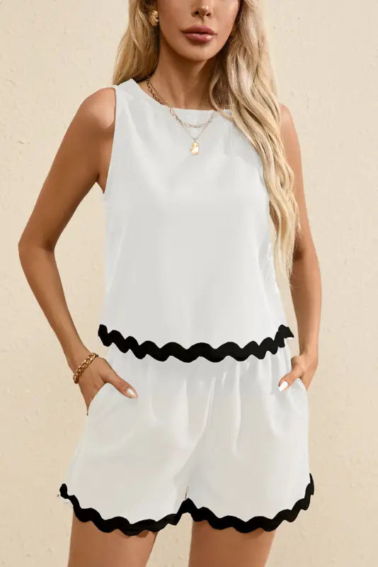 White shorts set - ricrac trim tank top elastic waist - two piece short sets