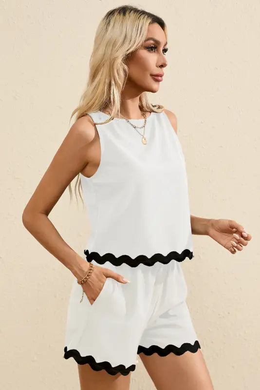 White shorts set - ricrac trim tank top elastic waist - two piece short sets