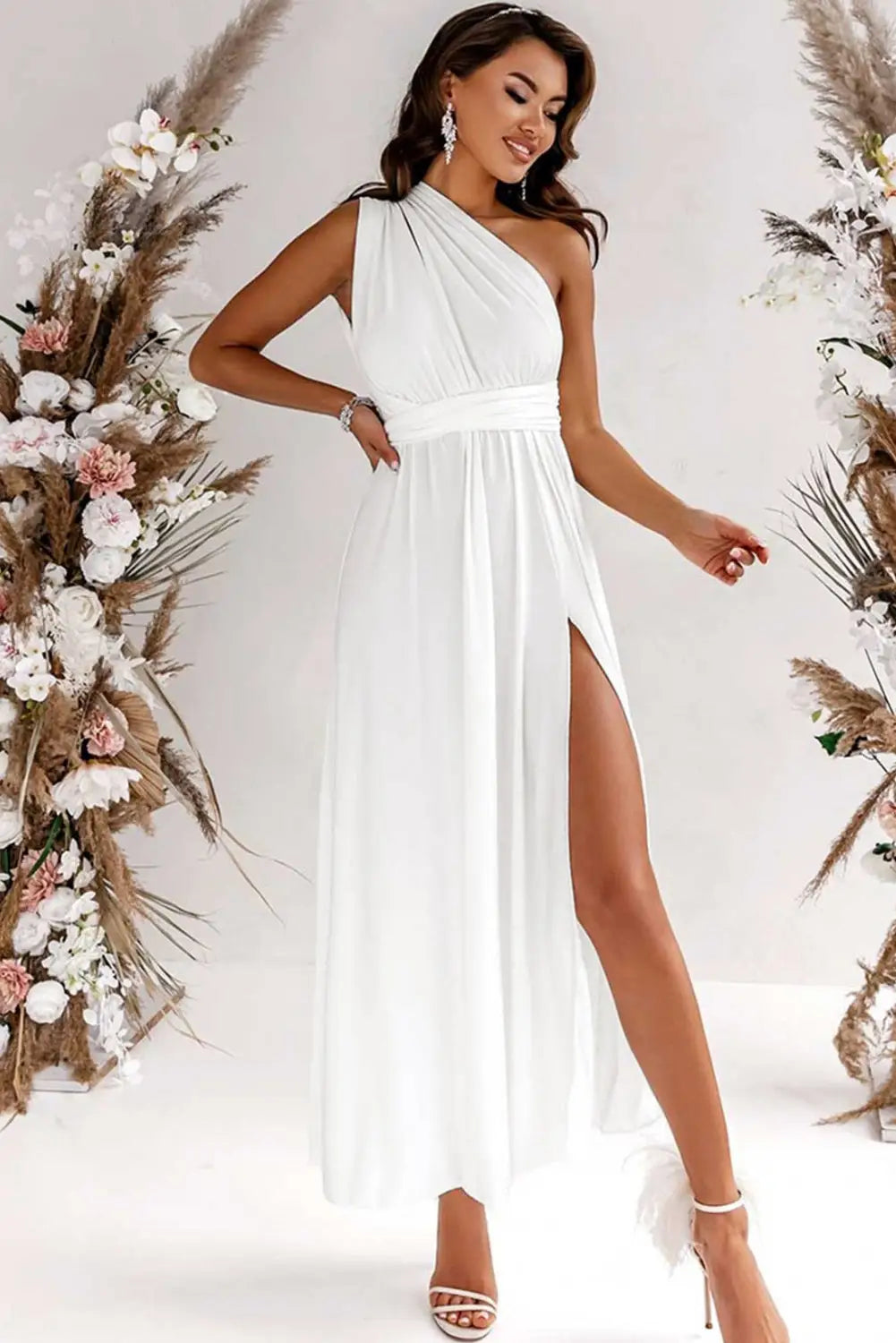 White sleeveless ruched high split cutout back maxi dress - dresses
