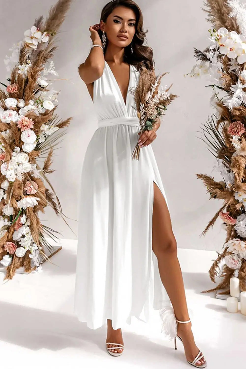 White sleeveless ruched high split cutout back maxi dress - dresses
