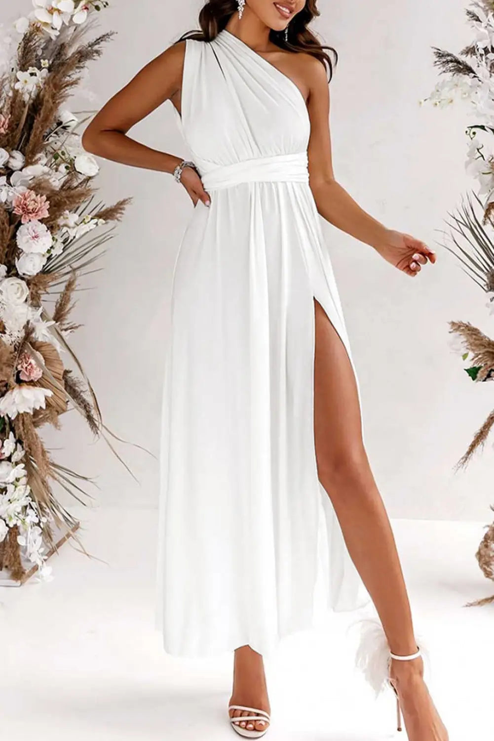 White sleeveless ruched high split cutout back maxi dress - s / 95% polyester + 5% elastane - dresses