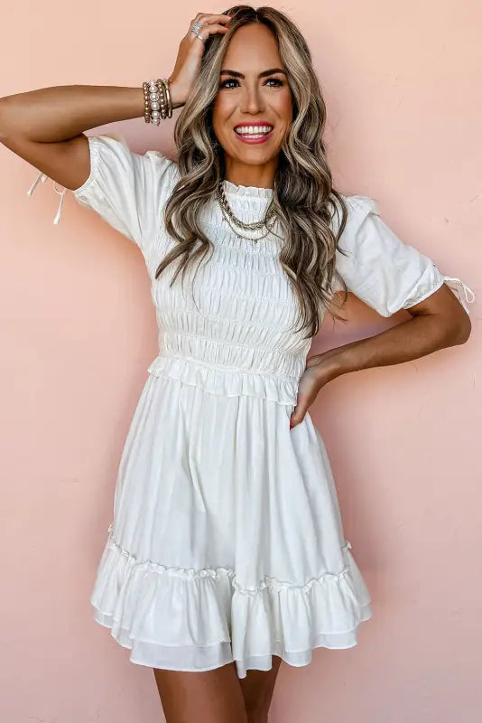 White smocked ruffle mini dress - dresses