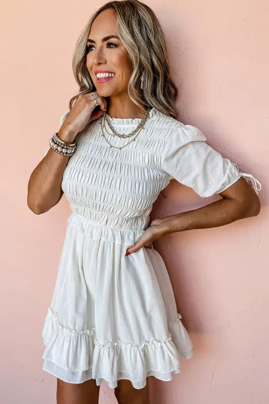 White smocked ruffle mini dress - dresses