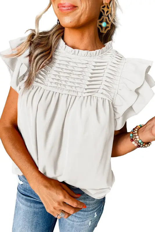 White smocked ruffle sleeve blouse - tops/blouses & shirts