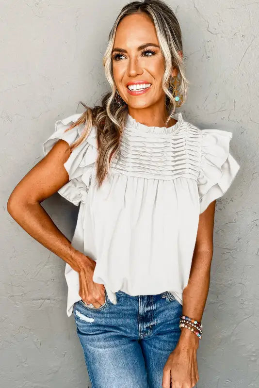 White smocked ruffle sleeve blouse - tops/blouses & shirts