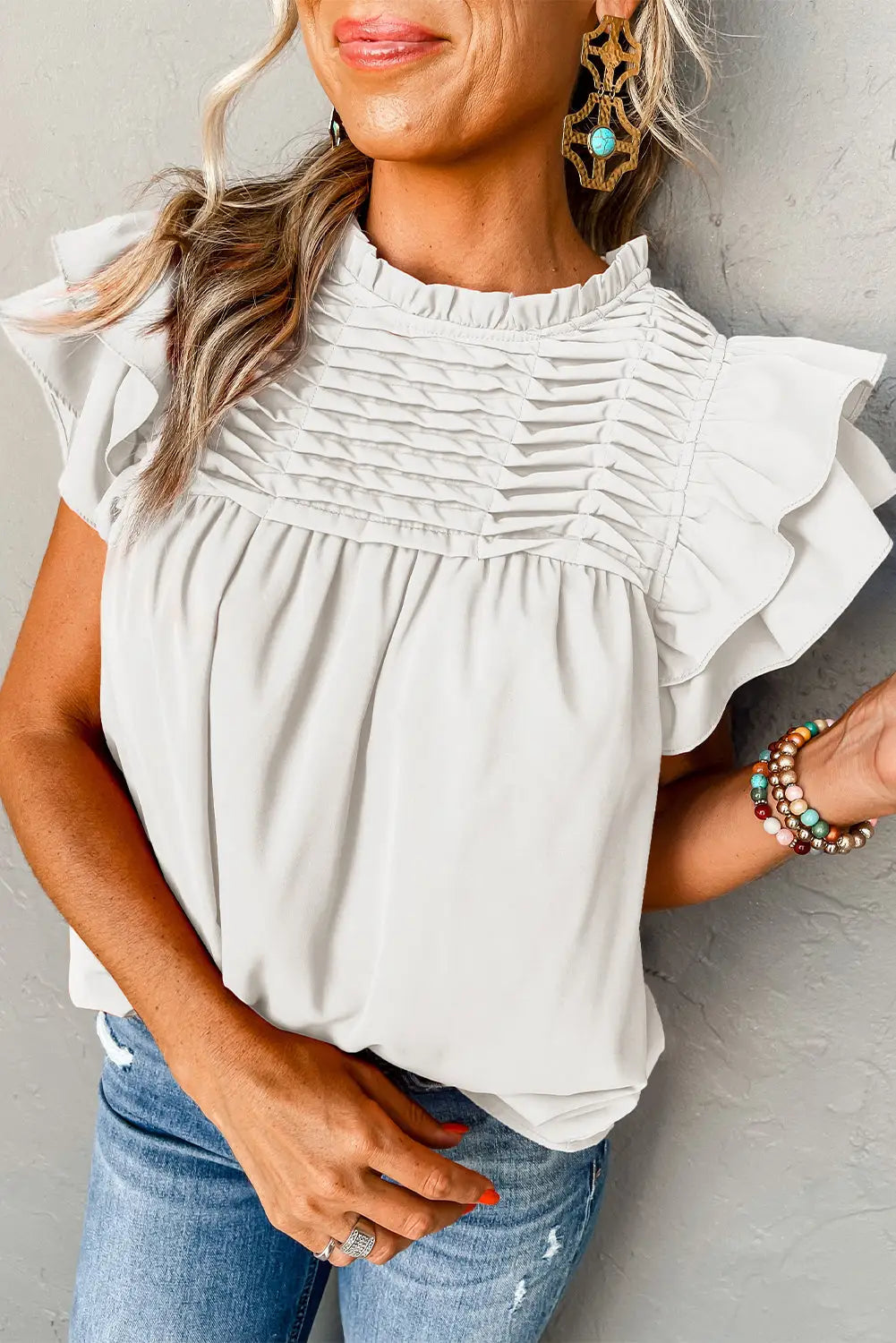 White smocked ruffle sleeve blouse - s / 100% polyester - tops/blouses & shirts
