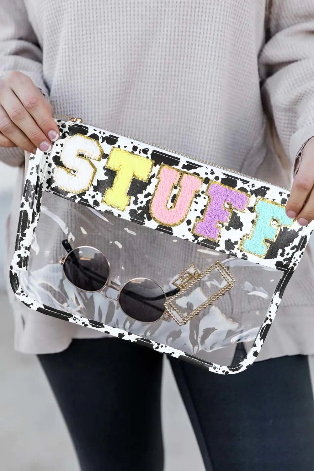 White snacks chenille letters zipped clear pouch - handbags