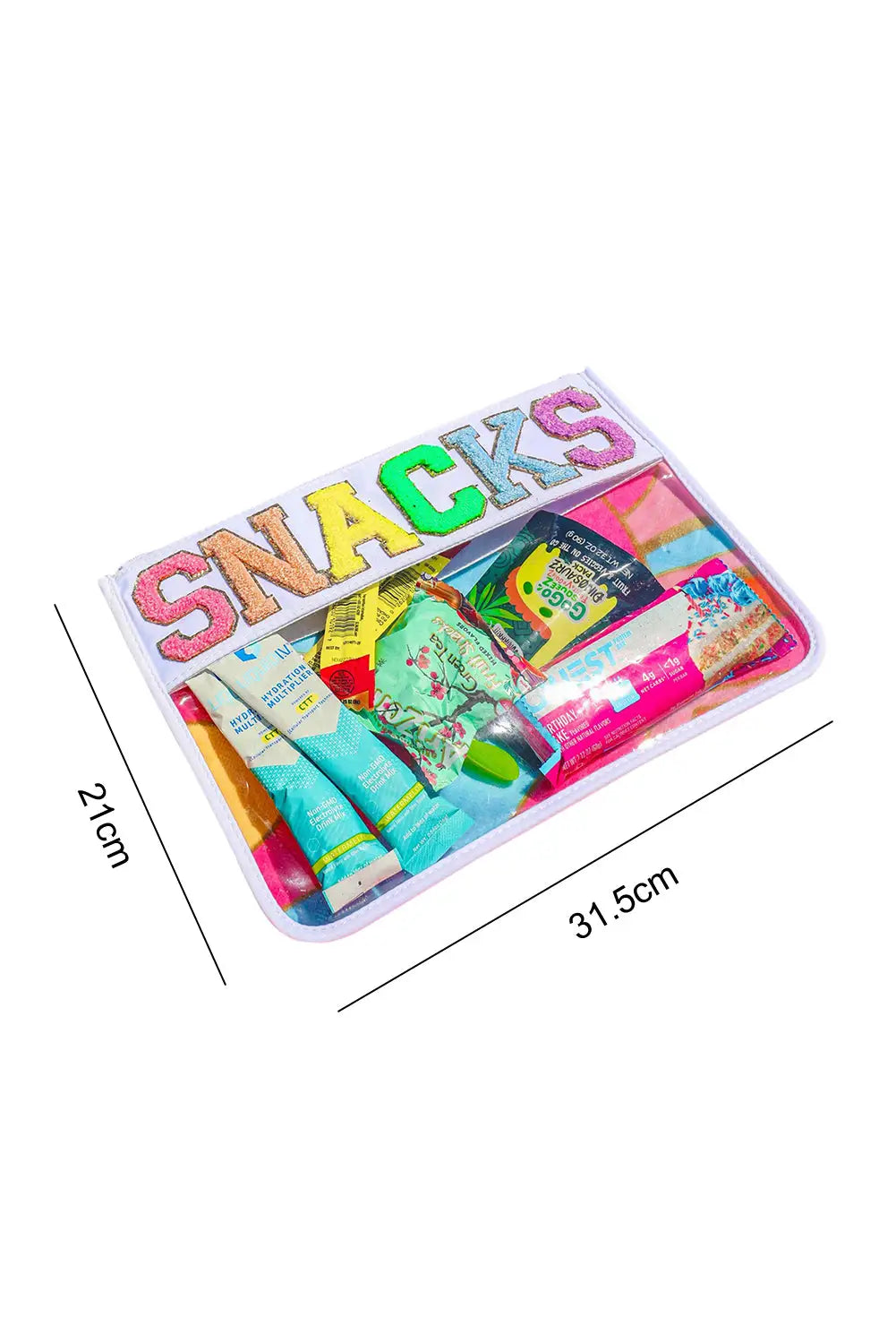 White snacks chenille letters zipped clear pouch - handbags