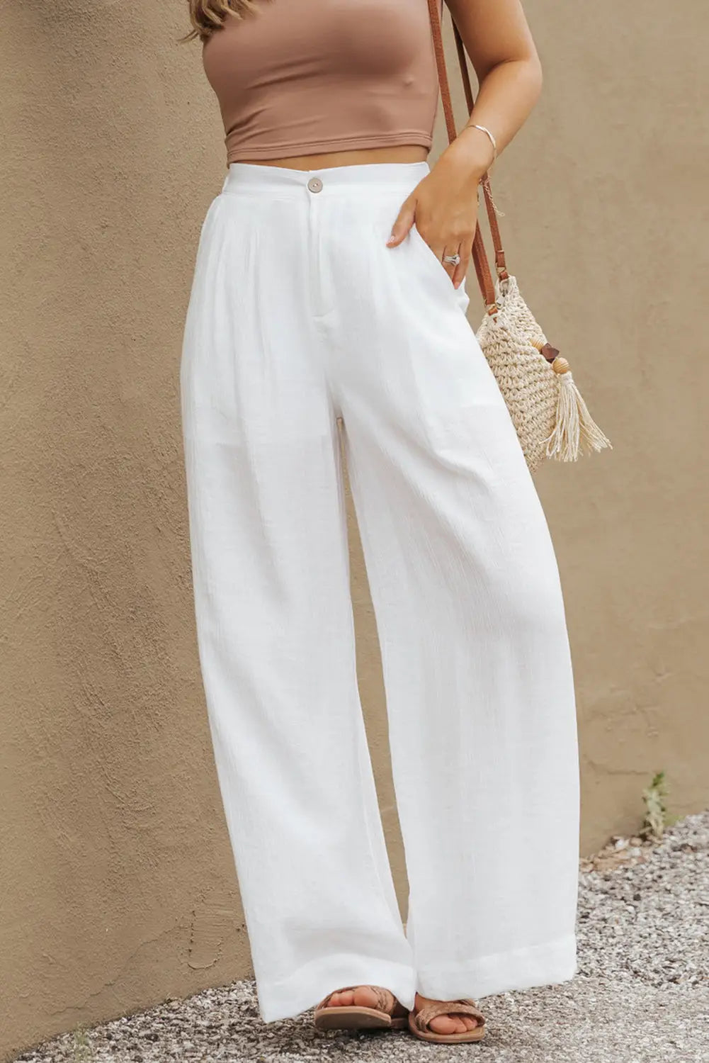 White solid color elastic waist pleated wide leg pants