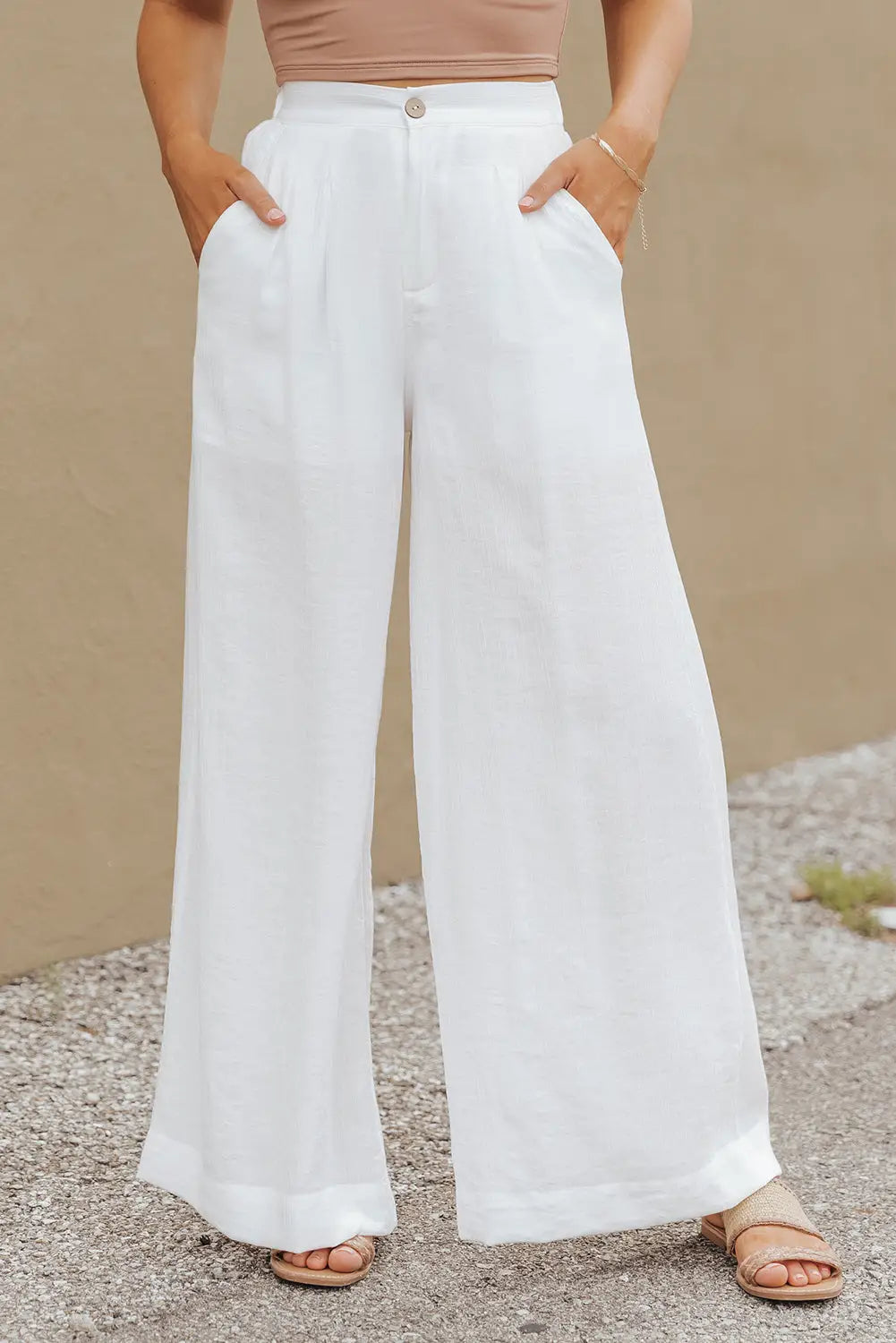 White solid color elastic waist pleated wide leg pants - s / 80% viscose + 20% linen