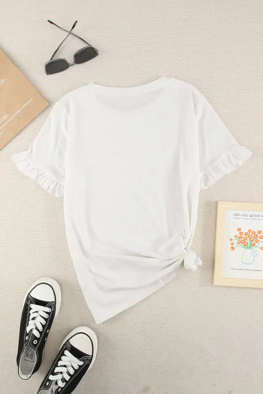 White solid ruffled short sleeve t-shirt - 2xl / 95% polyester 5% elastane - t-shirts