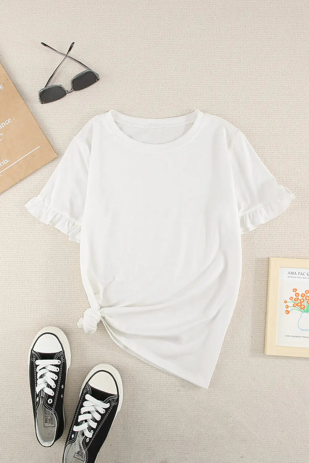 White solid ruffled short sleeve t-shirt - 2xl / 95% polyester 5% elastane - t-shirts