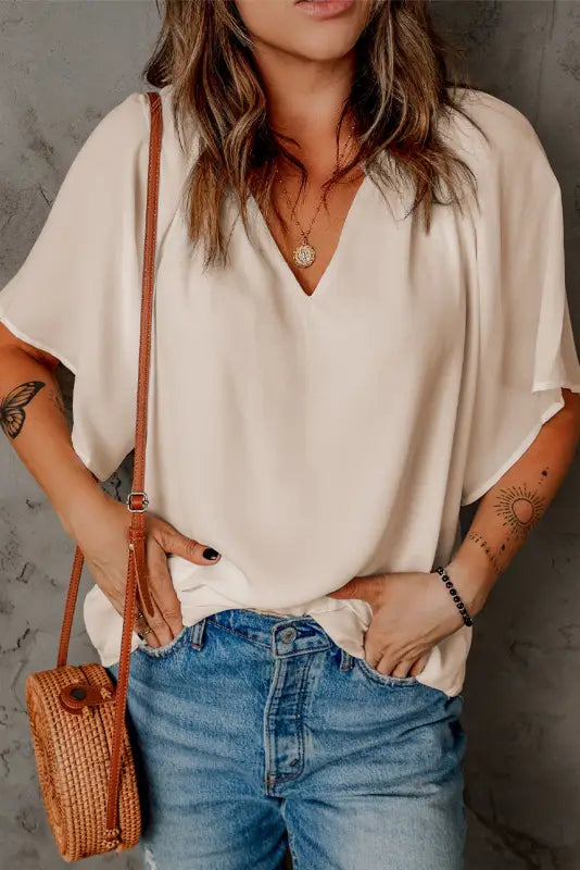 White split neck pleated loose top - tops