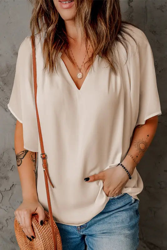 White split neck pleated loose top - tops