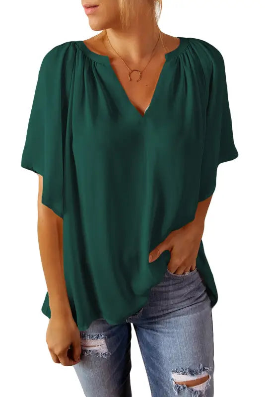 White split neck pleated loose top - tops